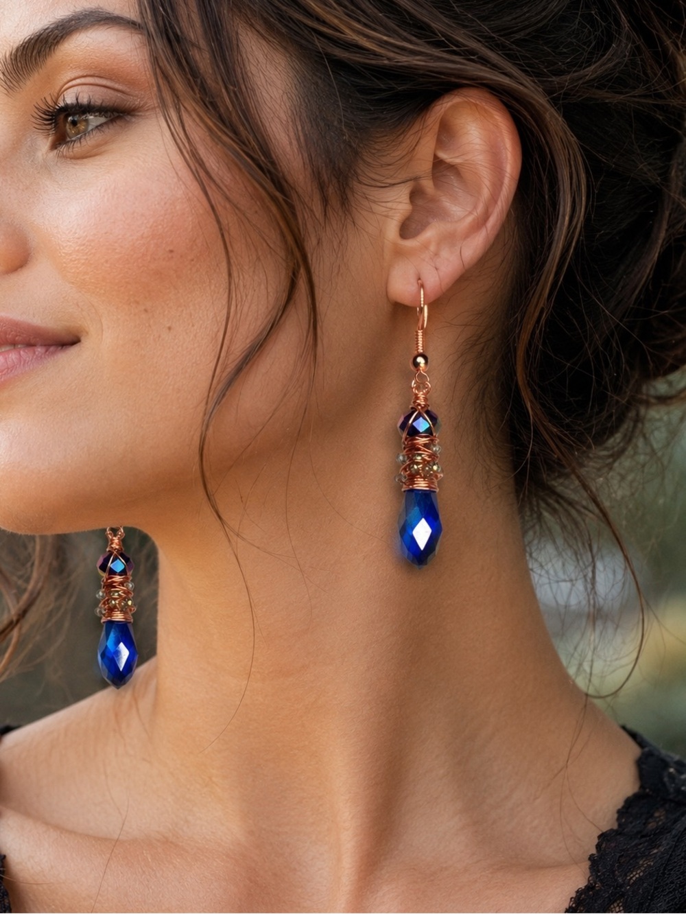 Blue Austrian Crystal Hammered Copper Chaos Wrapped Earrings Artisan Designed - Picture 3 of 17